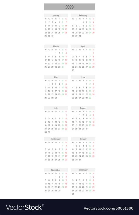 Monthly calendar annual of year 2029 Royalty Free Vector