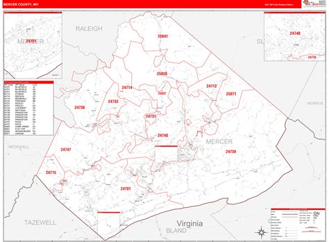 Mercer County, WV Zip Code Wall Map Red Line Style by MarketMAPS - MapSales