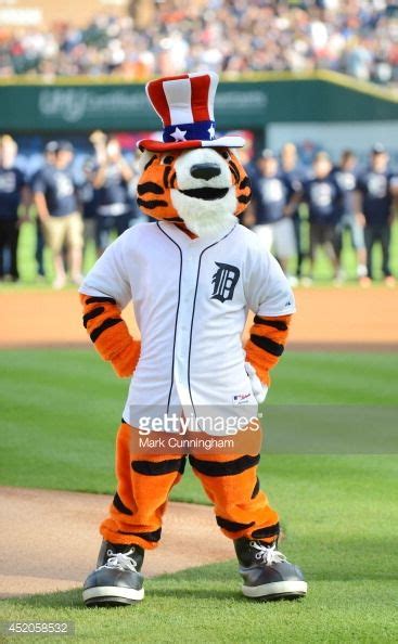 The Detroit Tigers mascot Paws looks on while wearing a special red ...