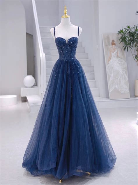 Blue Tulle Beaded Long Formal Dress, Blue Evening Dress – Loveydress