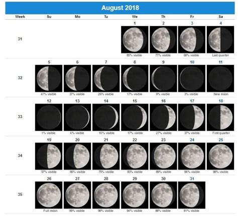 August Moon Phases 2018 | Moon phase calendar, Moon calendar, Full moon