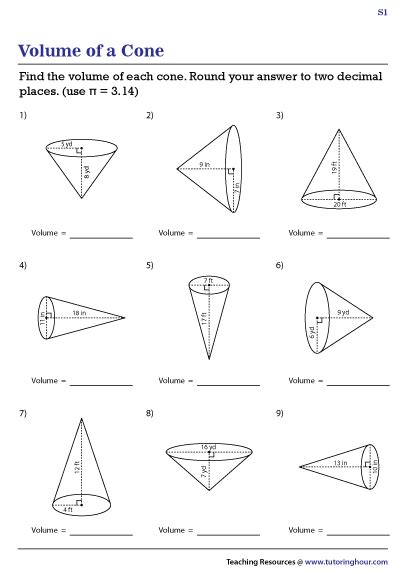 Volume of Cones Worksheets