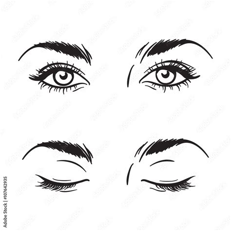 Isolated black and white beautiful female eyes set - open and closed ...