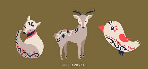 Folk Art Animals Vector Set Vector Download