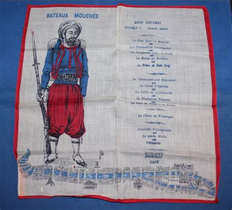 VINTAGE BATEAUX MOUCHES PARIS SOUVENIR HANDKERCHIEF MENU Seine River Boat Cruise $8.99 - PicClick