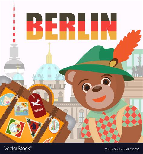 Bear in berlin in national symbol hat with a suitc