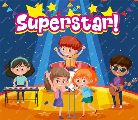 Premium Vector | Font design for word superstar with kids on the stage