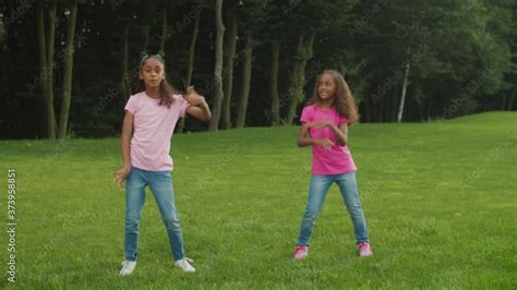 Stockvideon Two joyful carefree elementary age african american sisters performing hip hop dance ...