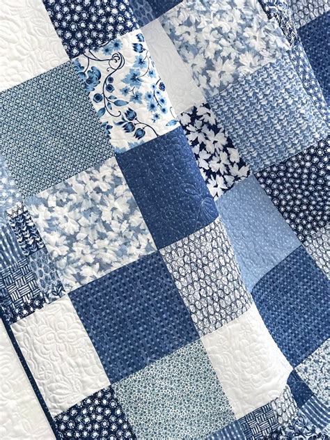 King Patchwork Quilt w/ Designer Fabrics Blue White Ella | Etsy ...