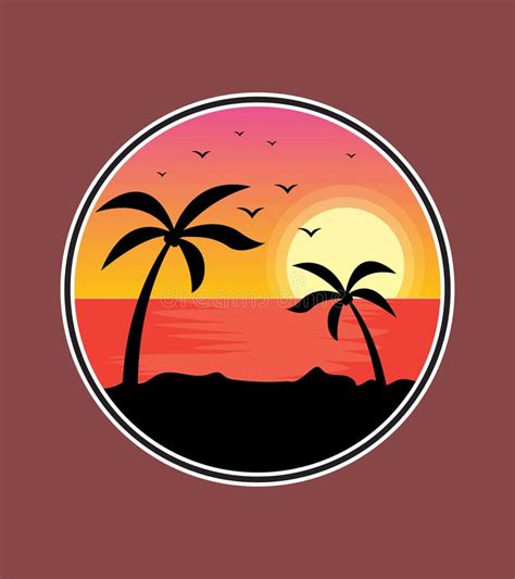 Illustration of Beach at Sunset with Palm Tree Silhouette Stock Vector - Illustration of sunset ...