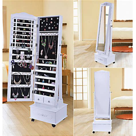 Movable Jewelry Cabinet W/ Full-Length Mirror Standing Jewelry Armoire Organizer | eBay Full ...