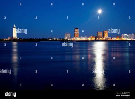 Baton Rouge, Louisiana Skyline from the Mississippi River at dusk Stock ...