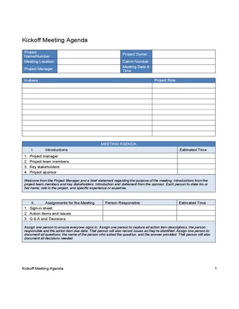 Kick off Meeting Agenda Free Download