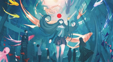 people, illustration, anime, fish, blue, traditional art, ART, color, screenshot, computer, HD ...