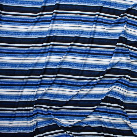 Cali Fabrics Black, Blues, and White Denim Look Barcode Stripe Double Brushed Poly Spandex Knit ...