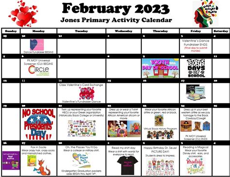 Feburary Activity Calendar – Jones EC/PK/K School