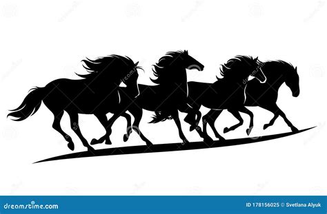 Running Mustang Horses Herd Black and White Vector Silhouette Stock Vector - Illustration of ...