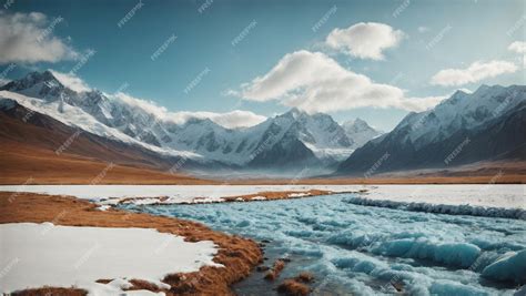 Premium AI Image | Tundra Landscape with Snowy Mountain Background