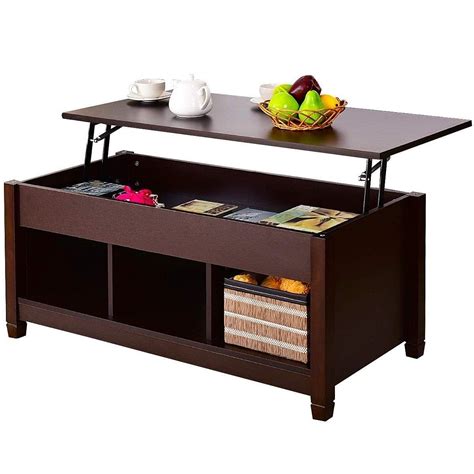 Brown Wood Lift Coffee Table Hidden Storage Space