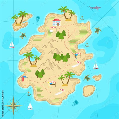 Fototapeta: Cartoon tropical island in ocean. Top view exotic island map. Vector game design for ...