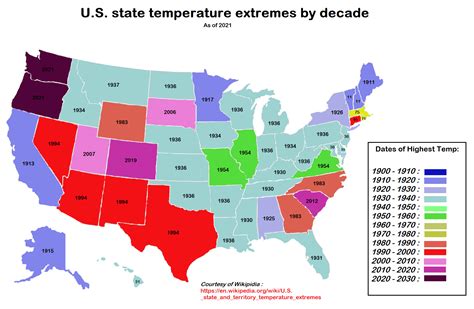 Heat map of U.S. states highest temperature records by decade as of 2021 : r/Infographics