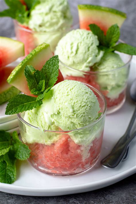 Fresh Mint Ice Cream with Salted Watermelon Granita — b. sweet