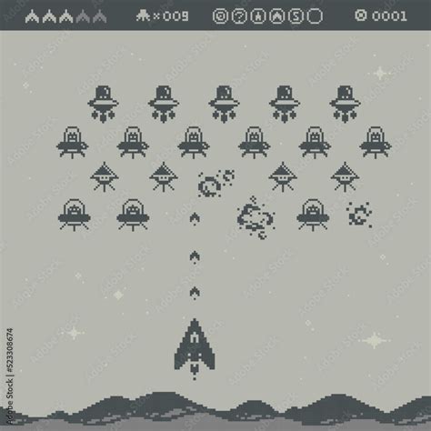 8-bit pixel game concept in pixel art style. Retro 8 bit computer game. Pixilated Space arcade ...