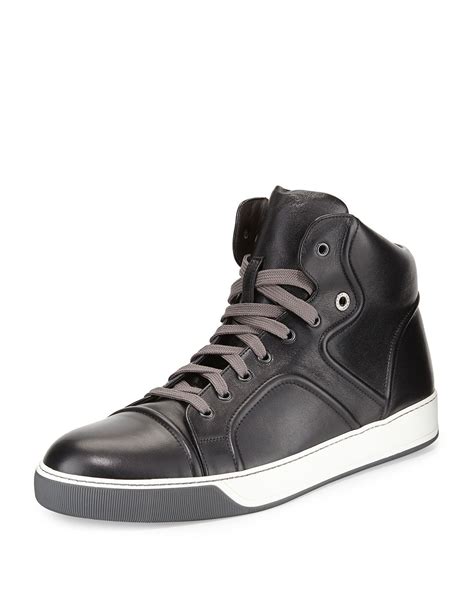 Lanvin Piped Leather High-Top Sneaker, Black | Leather high tops, High top sneakers, High tops