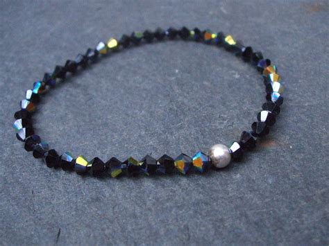 Black Swarovski crystal bracelet Sterling Silver bead stretch