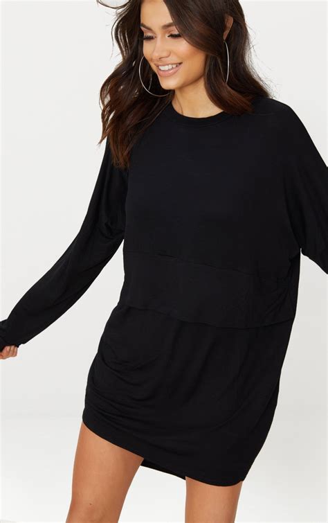 Black Long Sleeve Layer Jersey T Shirt Dress | PrettyLittleThing CA