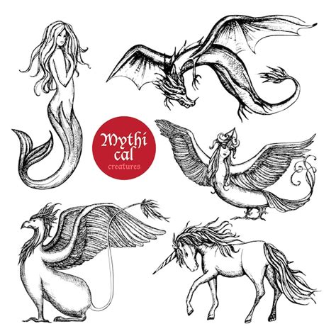 Free Vector | Mythical Creatures Hand Drawn Sketch Set