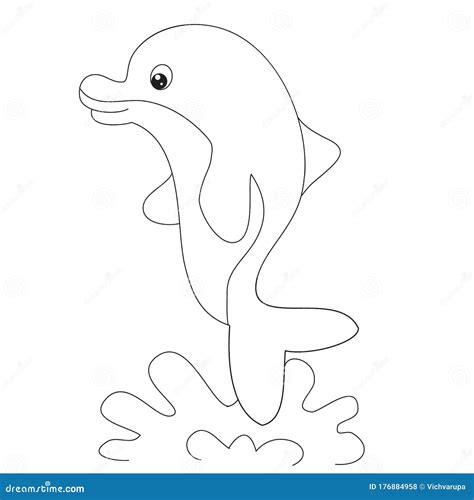 Dolphin in Cartoon Style Jumped Out of the Water, Outline Drawing, Isolated Object on a White ...