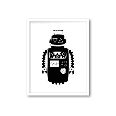 Robot Print Black and White Nursery Wall Art Monochrome Baby - Etsy