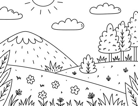 Cute kids coloring page. Landscape with sun, clouds, mountains, field ...