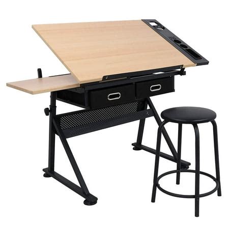 Zeny Height Adjustable Drafting Draft Desk Drawing Table Desk Tiltable Tabletop w/Stool and ...