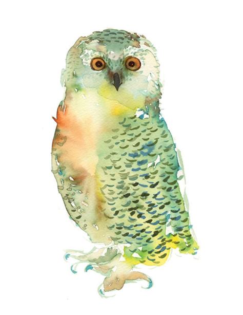 Watercolor Green Owl Painting Nature Watercolor Painting - Etsy