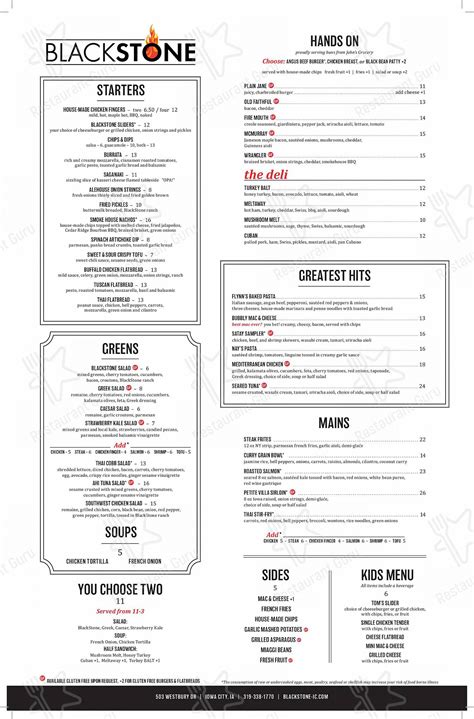 Menu at BlackStone restaurant, Iowa City, 503 Westbury Dr #1