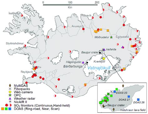 Map of Iceland showing the locations of the ground-based volcanic cloud ...