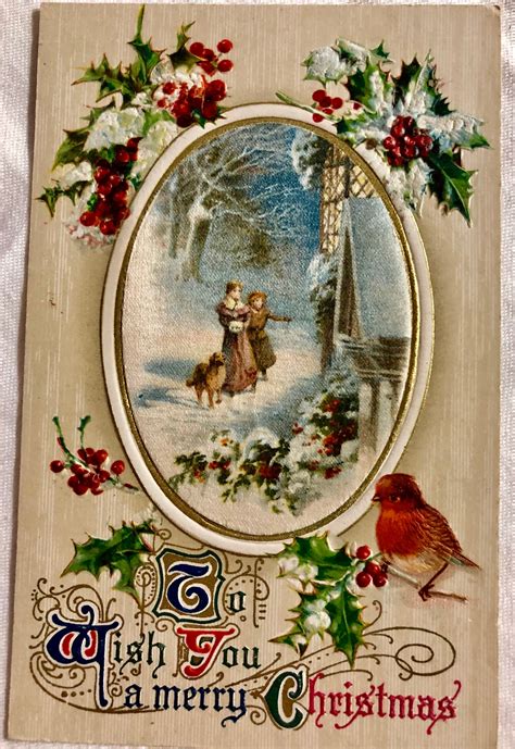 Vintage Christmas Postcard Couple in the Snow with Dog and Red Cardinal