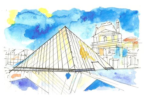 Original Watercolor Painting Louvre Museum Drawing Paris Sketch France ...