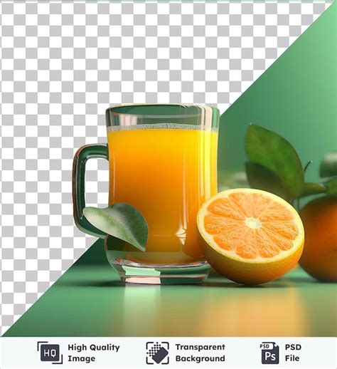 Premium PSD | Transparent psd picture refreshing orange juice in a glass with a green leaf ...