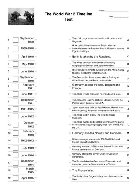 WW2 Timeline Test - Matching Pairs Worksheet - Quickworksheets