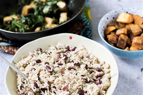 Jerk tofu, callaloo, sweet potatoes and rice and beans - vegetarian ...