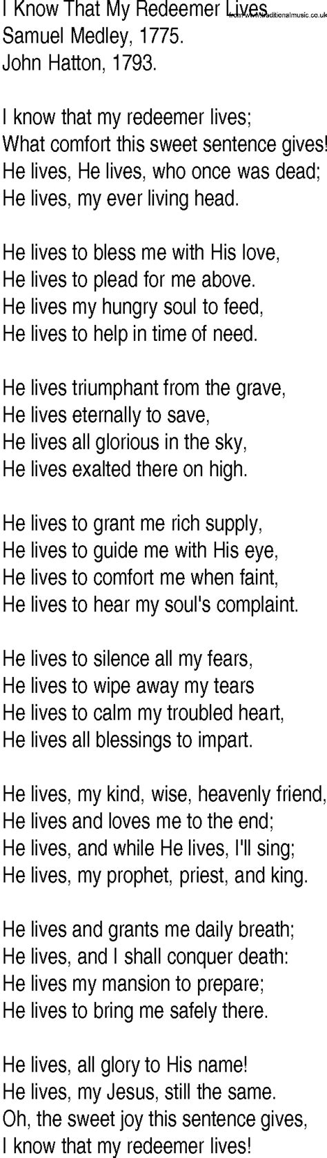 Hymn and Gospel Song Lyrics for I Know That My Redeemer Lives by Samuel Medley