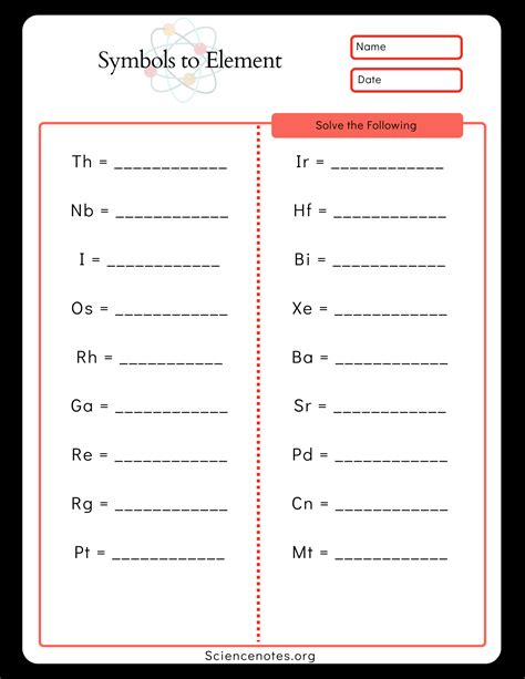 Element Names and Symbols Worksheets