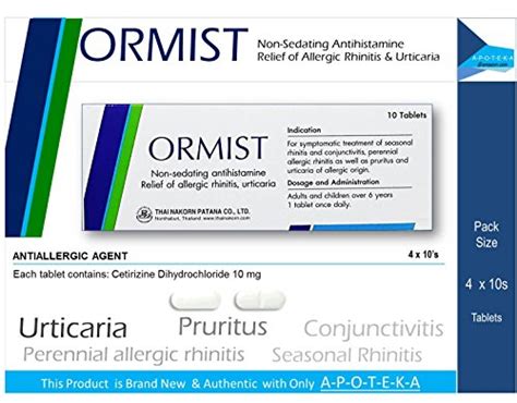 Non-sedating Antihistamine Cetirizine Dihydrochloride 10 Mg Easy to Swallow Tablets (Ormist ...