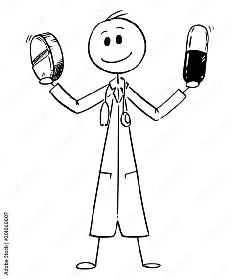 Cartoon stick man drawing conceptual illustration of doctor holding two pills. Concept of ...