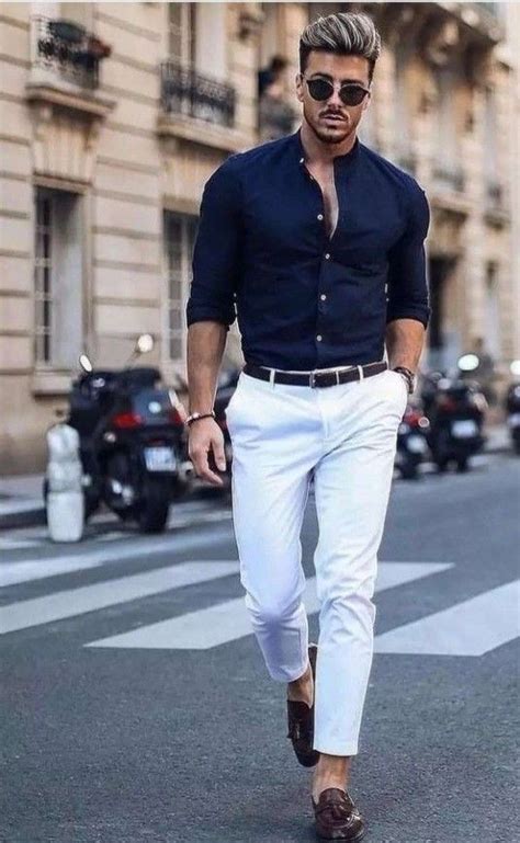 White Jeans, Men's Outfits Ideas With Dark Blue And Navy Cardigan, White Pants Outfit Men | Navy ...