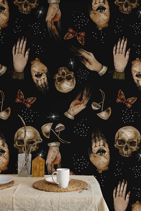 Gothic Wallpaper with Skull and Hands, Dark Victorian Macabre Art