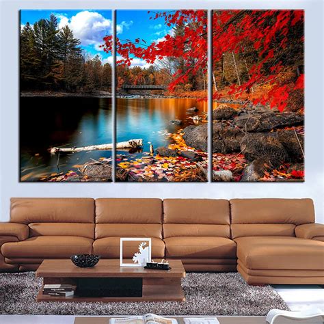 Canvas Painting Red Lake Tree Landscape Quadros Decoration Oil Picture Scenery Wall Art Picture ...